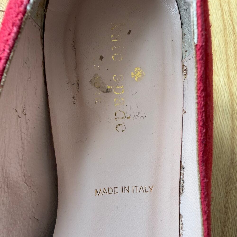 Kate Spade Red Suede Dijon Gold Metal Bow Block Heel Size 6 Classic Preppy Chic - Picture 12 of 15